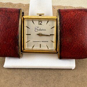 Vintage 1950s Endura 17Jewel Gold Tone MechanicalBrown Lizard Skin Purse Watch